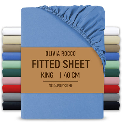 OLIVIA ROCCO Fitted Sheet BLUE / KING LOOMWORKS Extra Deep 40CM Pocket Microfibre Fitted Sheet Wholesale Manchester UK