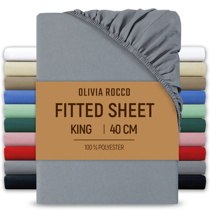 OLIVIA ROCCO Fitted Sheet GREY / KING Extra Deep 40CM Pocket Microfibre Fitted Sheet Wholesale Manchester UK