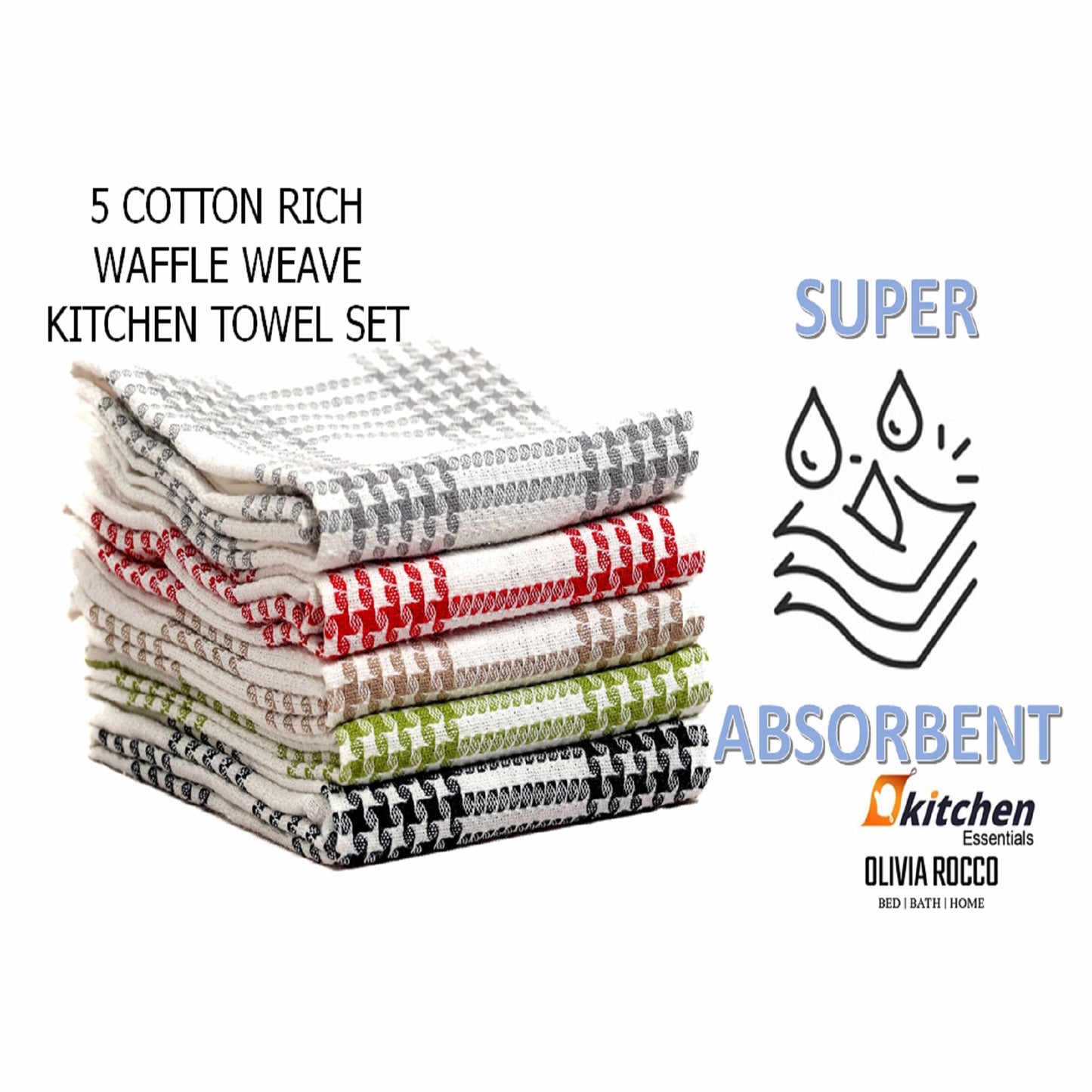 OLIVIA ROCCO Tea Towel ASSORTED Pack of 5 Houndstooth Tea Towel Kitchen Towels Cotton Super Absorbent Quick Drying Wholesale Manchester UK