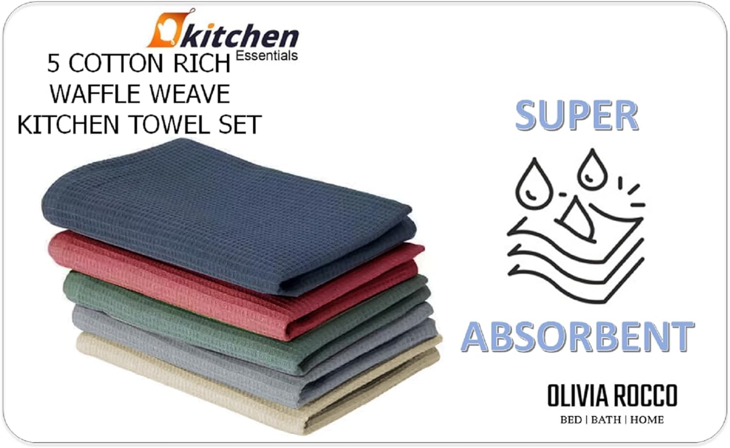 OLIVIA ROCCO Tea Towel ASSORTED Pack Of 5 Luxury Waffle Kitchen Tea Towels Wholesale Manchester UK