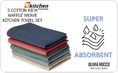 OLIVIA ROCCO Tea Towel ASSORTED Pack Of 5 Luxury Waffle Kitchen Tea Towels Wholesale Manchester UK