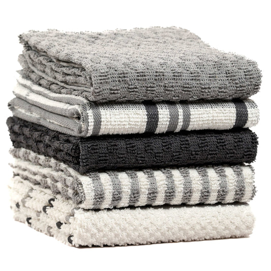 OLIVIA ROCCO Tea Towel GREY 5 Pack Terry Kitchen Tea Towels Cotton Super Absorbent Quick Drying Wholesale Manchester UK