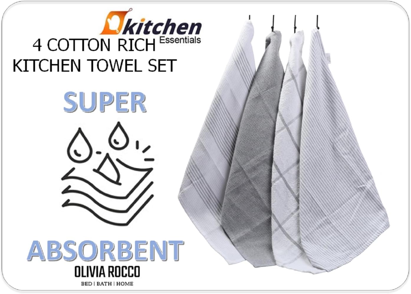 OLIVIA ROCCO Tea Towel Pack Of 4 Absorbent Long Lasting Tea Towels Wholesale Manchester UK