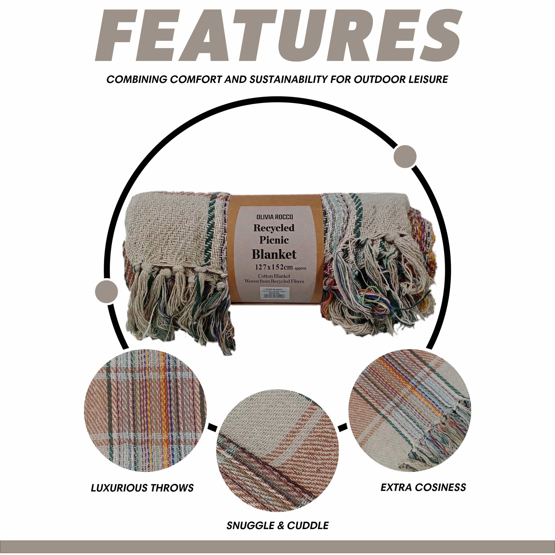 OLIVIA ROCCO Throw 130 x 150 cm Recycled Picnic Blanket Check Stripe Design Super Soft Cozy Camping Beach Throw Wholesale Manchester UK