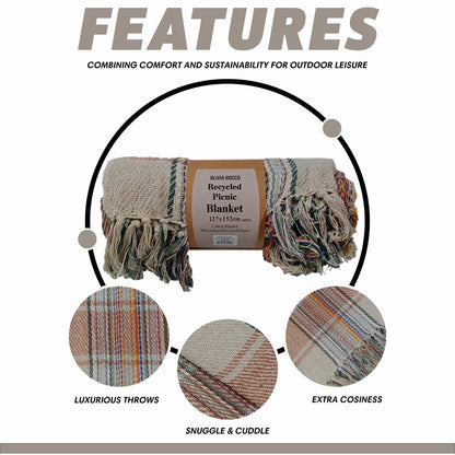 OLIVIA ROCCO Throw 130 x 150 cm Recycled Picnic Blanket Check Stripe Design Super Soft Cozy Camping Beach Throw Wholesale Manchester UK