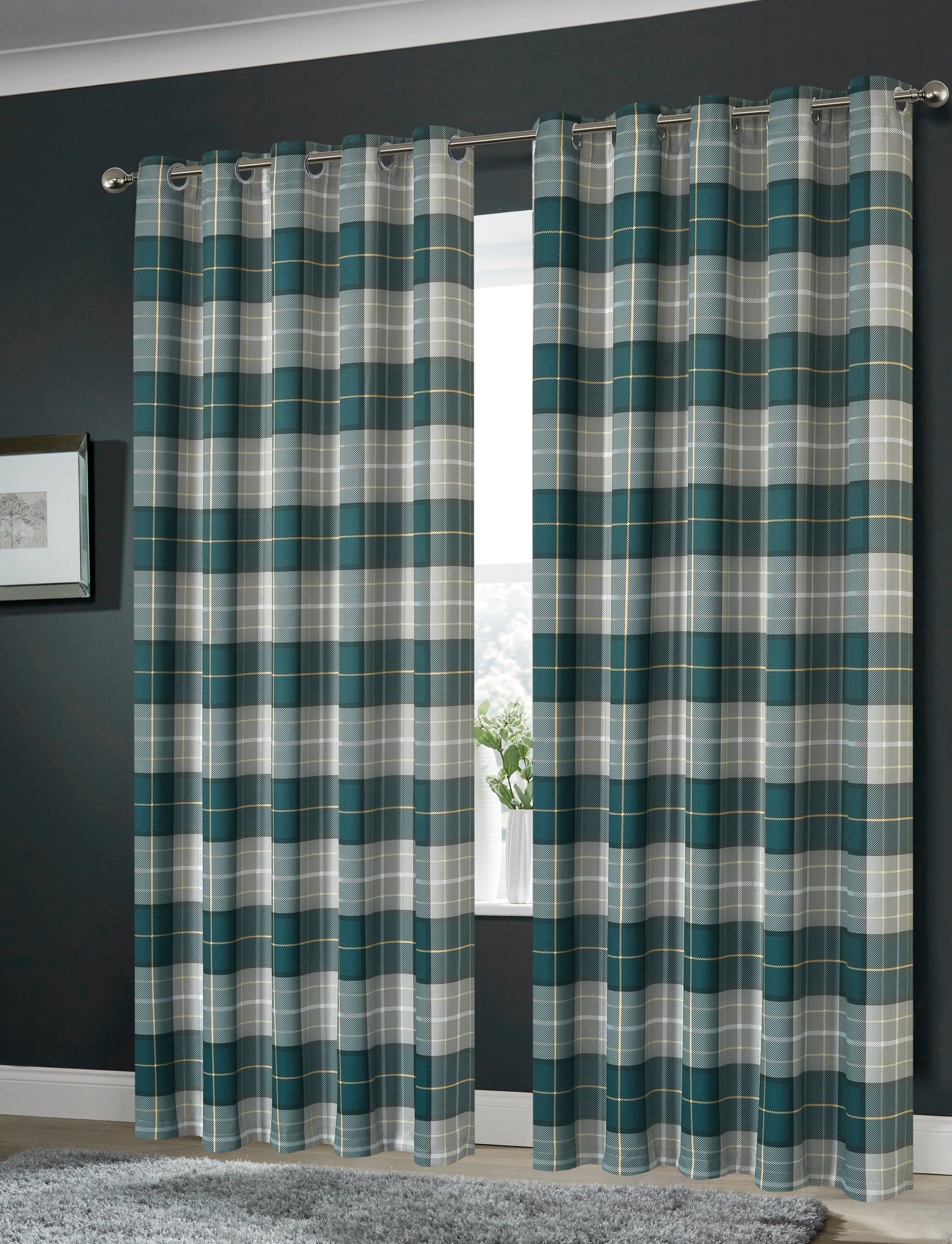 OLIVIA ROCCO Curtain 45” x 54” / CHECK EMERALD GREEN Printed Check & Marble Blackout Curtains Wholesale Manchester UK