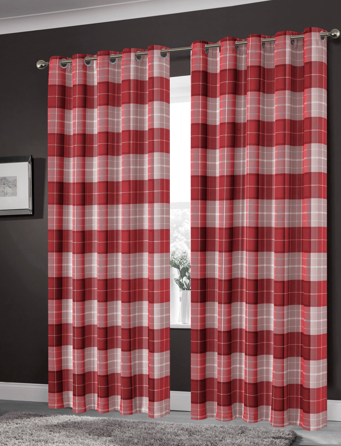 OLIVIA ROCCO Curtain 45” x 54” / CHECK RED Printed Check & Marble Blackout Curtains Wholesale Manchester UK