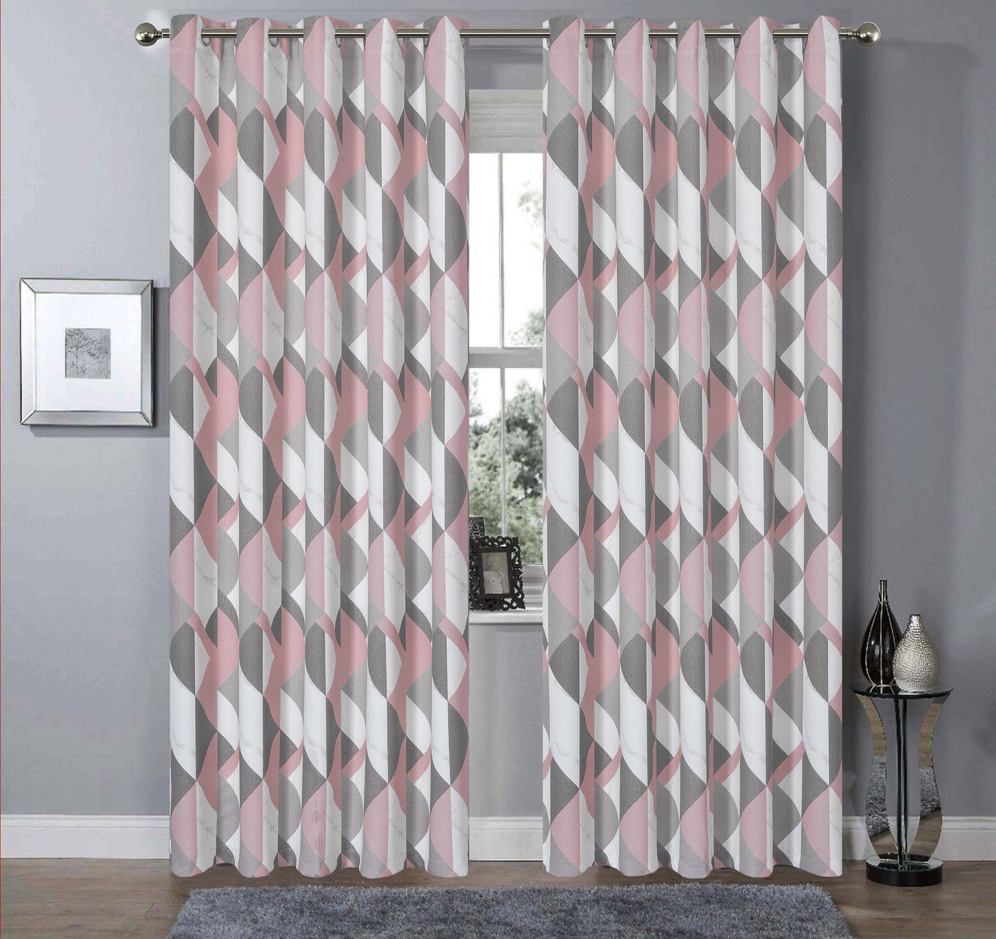 OLIVIA ROCCO Curtain 45” x 54” / MARBLE GREY/PINK Printed Check & Marble Blackout Curtains Wholesale Manchester UK