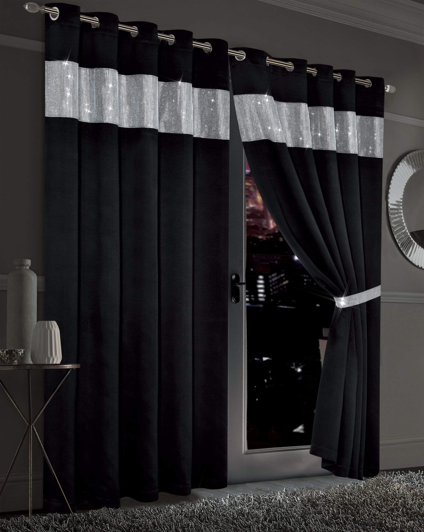 OLIVIA ROCCO Curtain 66” x 54” / BLACK Diamante Blackout Curtains Wholesale Manchester UK