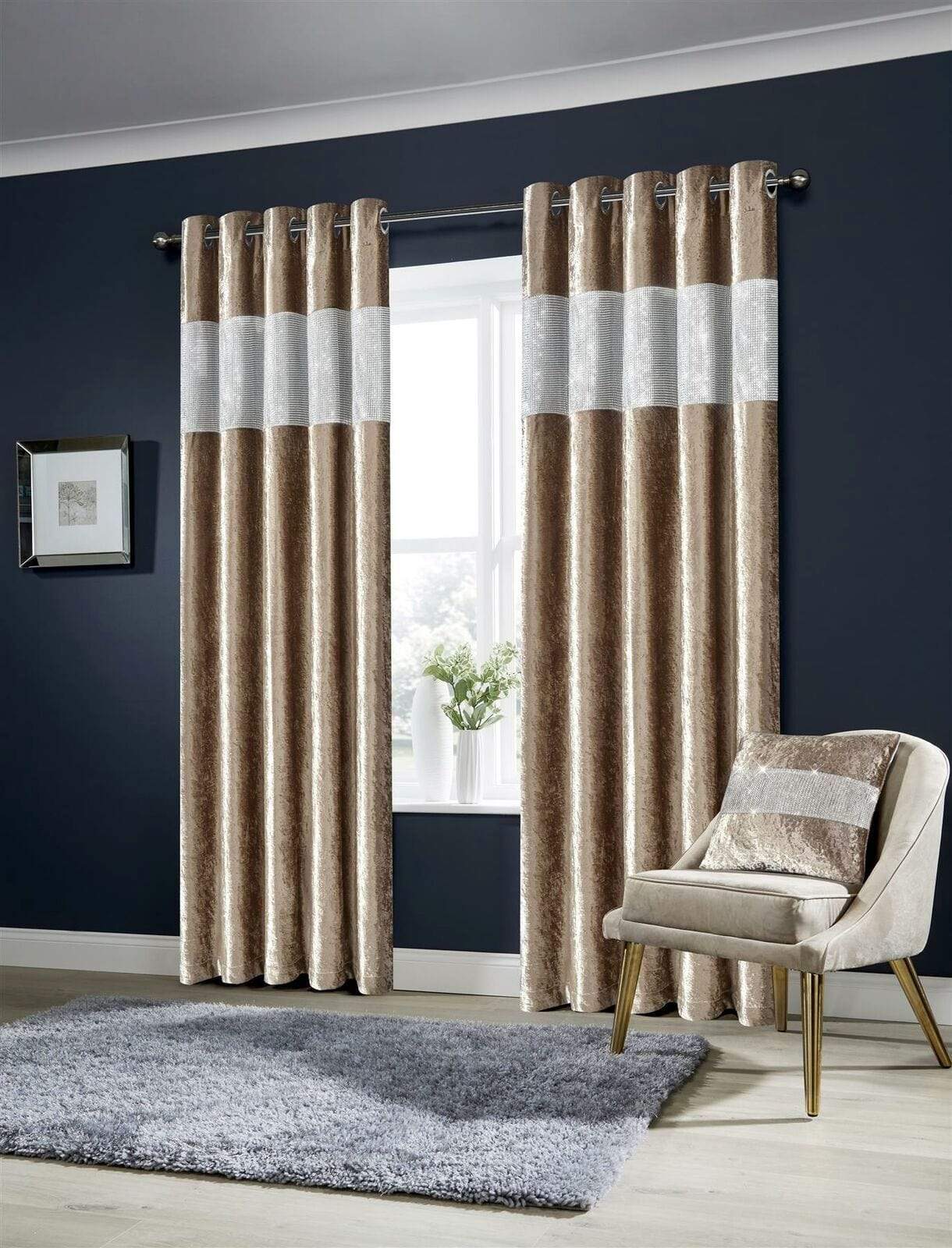 OLIVIA ROCCO Curtain 66” x 54” / CHAMPAGNE Diamante Crushed Velvet Curtains Wholesale Manchester UK