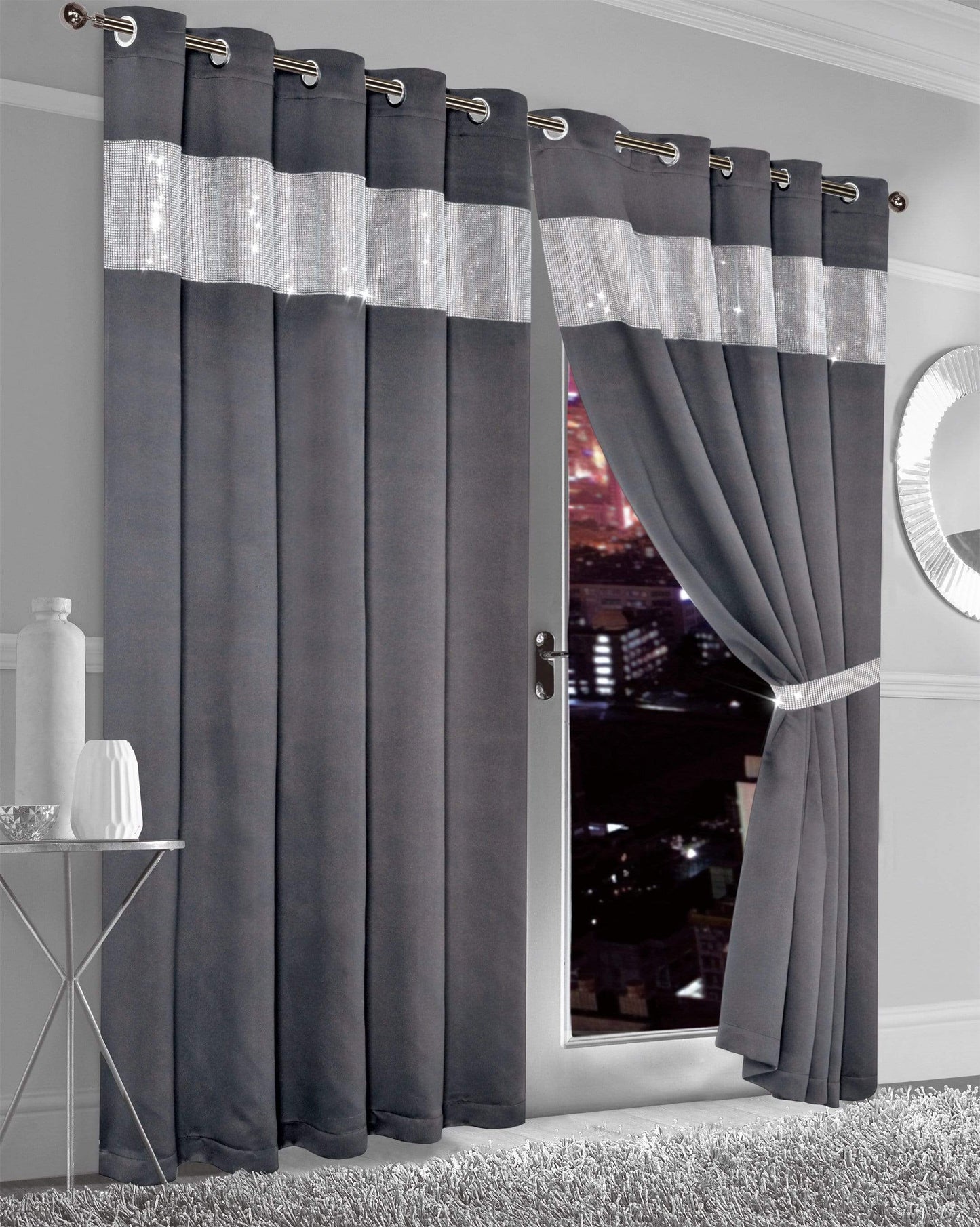 OLIVIA ROCCO Curtain 66” x 54” / CHARCOAL Diamante Blackout Curtains Wholesale Manchester UK