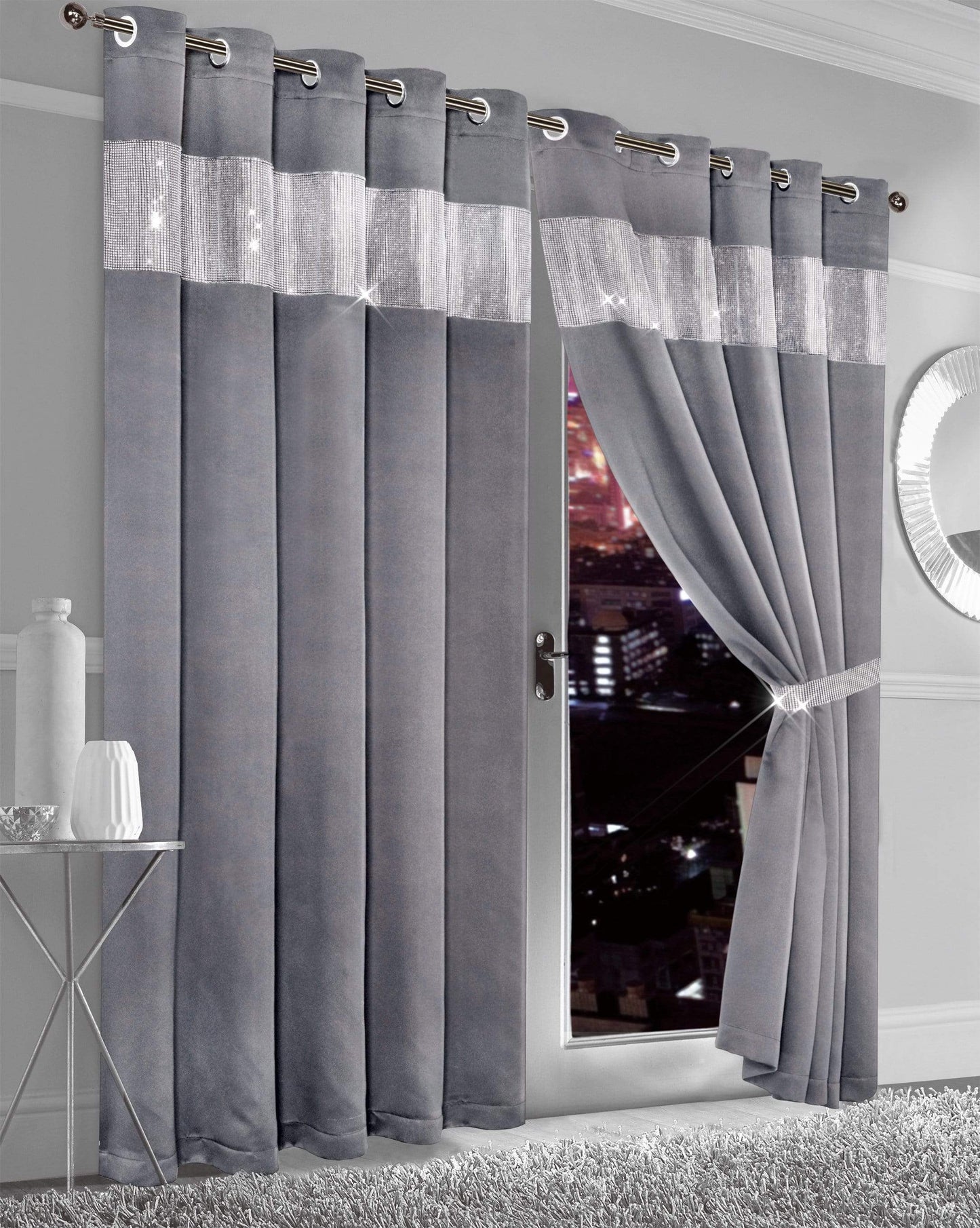 OLIVIA ROCCO Curtain 66” x 54” / SILVER Diamante Blackout Curtains Wholesale Manchester UK