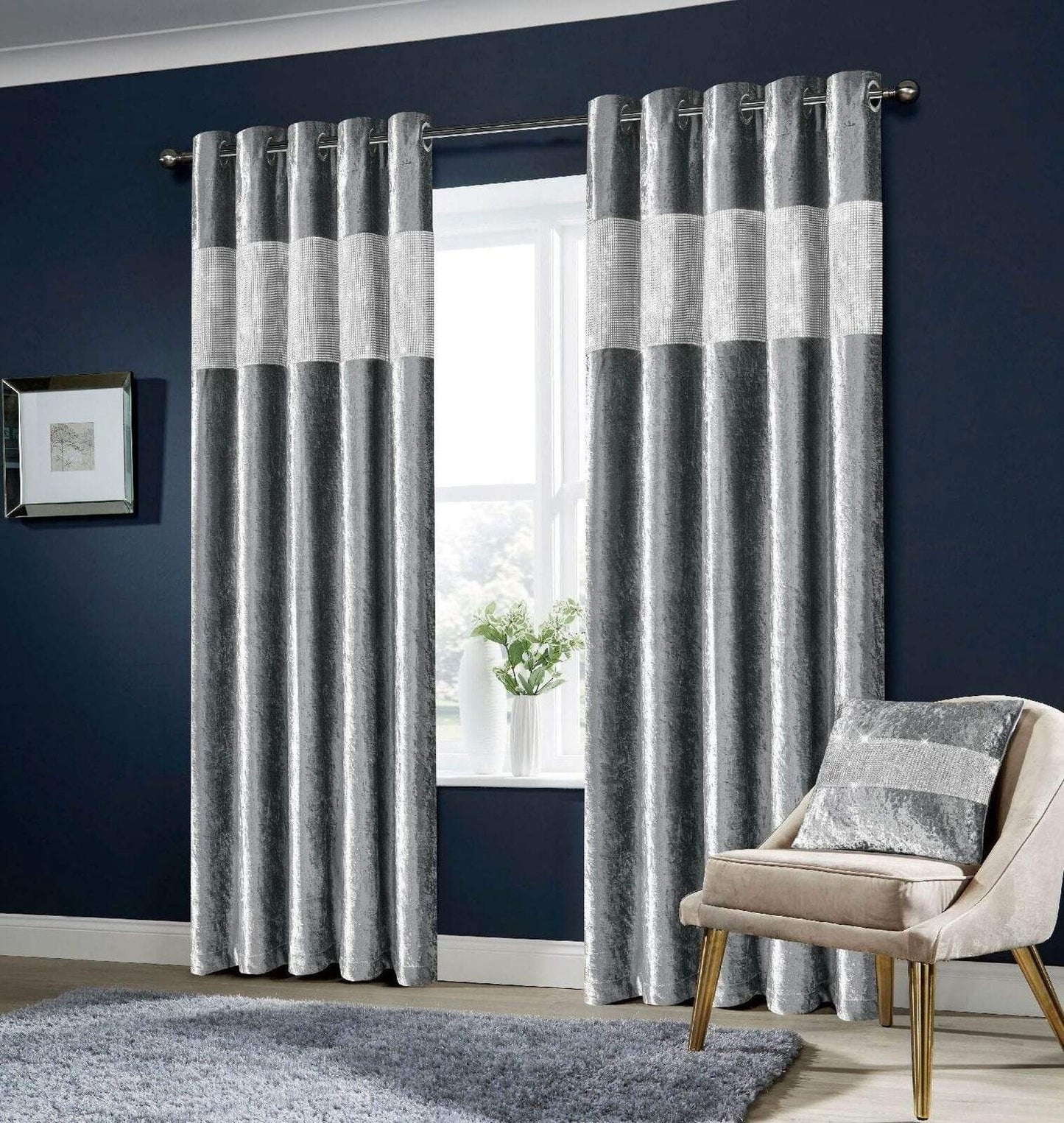 OLIVIA ROCCO Curtain 66” x 54” / SILVER Diamante Crushed Velvet Curtains Wholesale Manchester UK