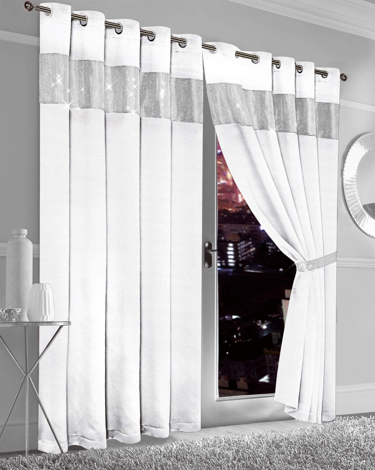 OLIVIA ROCCO Curtain 66” x 54” / WHITE Diamante Blackout Curtains Wholesale Manchester UK