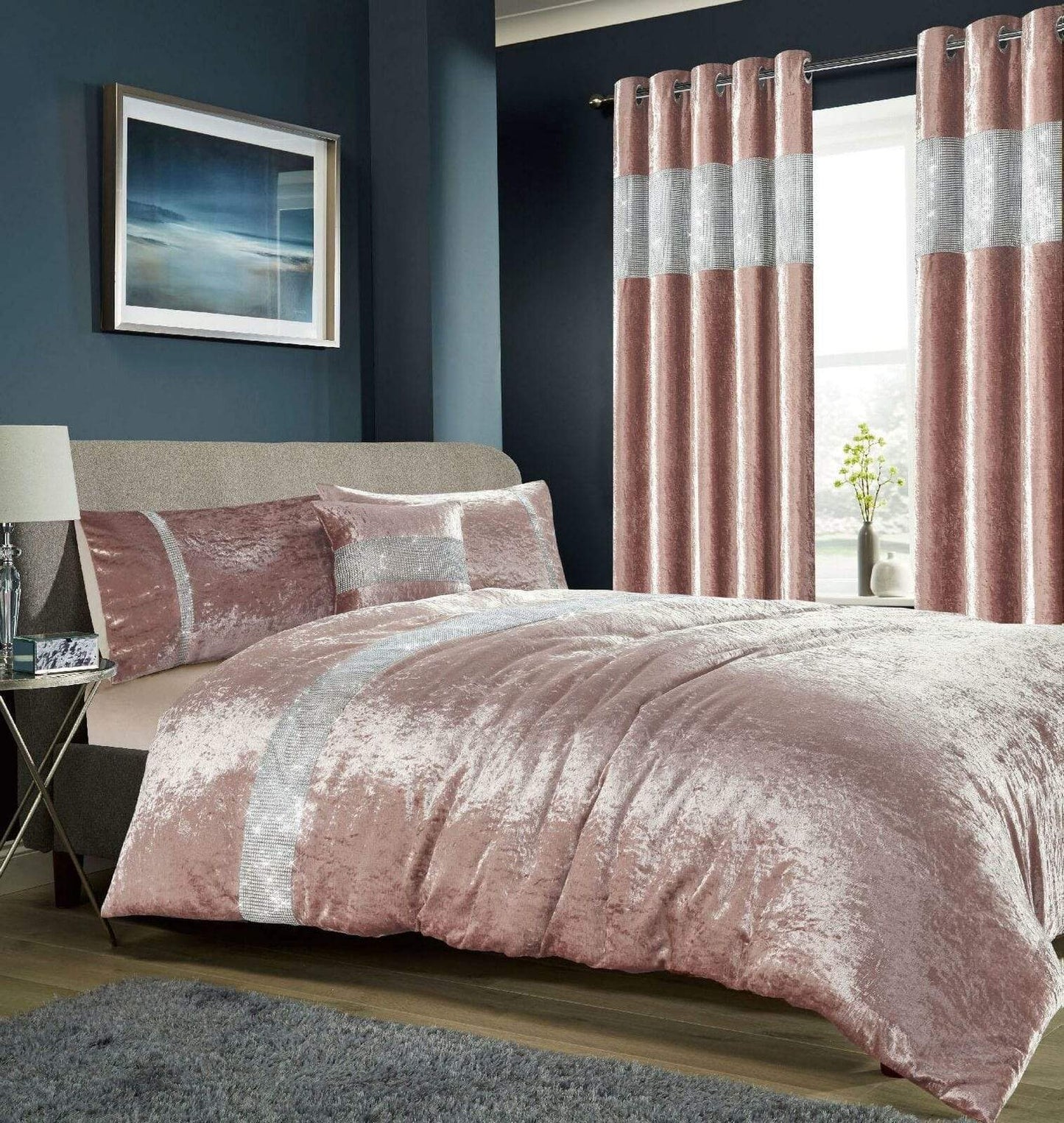 OLIVIA ROCCO Duvet Cover DOUBLE / BLUSH PINK Diamante Crushed Velvet Duvet Set Wholesale Manchester UK