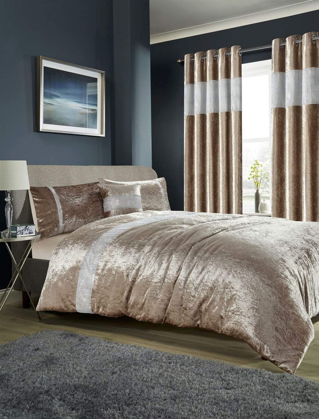 OLIVIA ROCCO Duvet Cover DOUBLE / CHAMPAGNE Diamante Crushed Velvet Duvet Set Wholesale Manchester UK