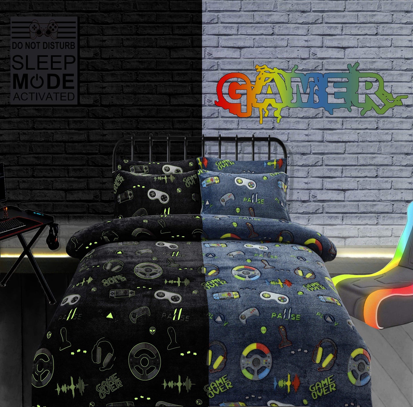 OLIVIA ROCCO Duvet Cover Gamer Station Glow In The Dark Teddy Duvet Set Wholesale Manchester UK