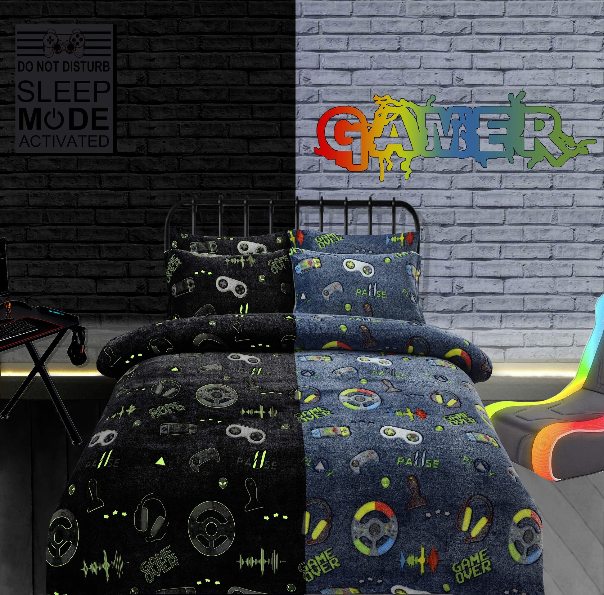 OLIVIA ROCCO Duvet Cover Gamer Station Glow In The Dark Teddy Duvet Set Wholesale Manchester UK