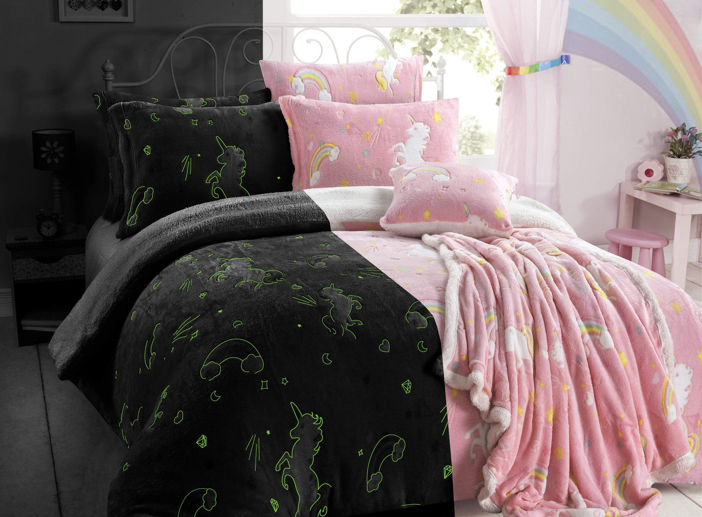 OLIVIA ROCCO Duvet Cover Rainbow Unicorn Glow In The Dark Teddy Duvet Set Wholesale Manchester UK
