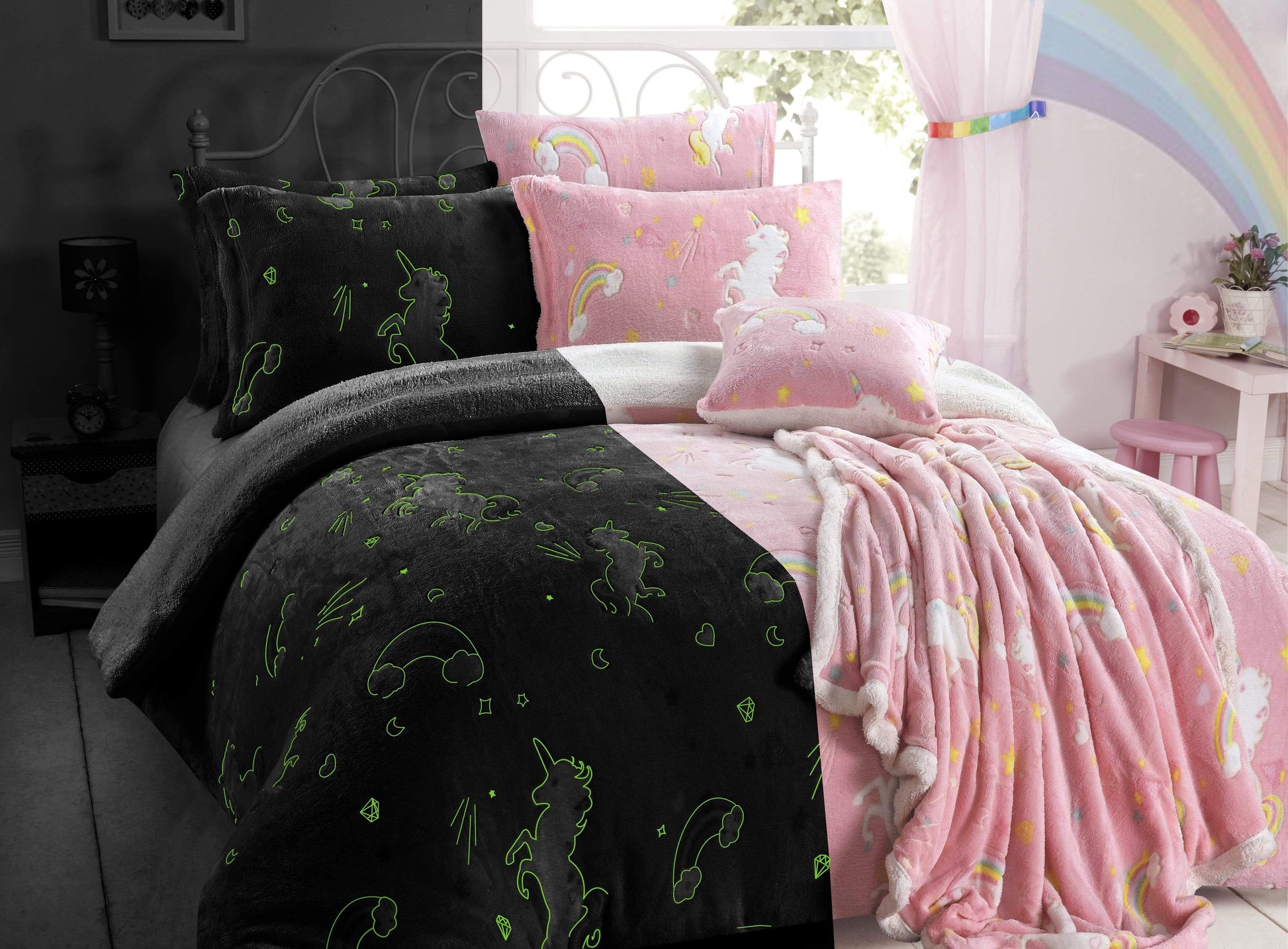 OLIVIA ROCCO Duvet Cover Rainbow Unicorn Glow In The Dark Teddy Duvet Set Wholesale Manchester UK