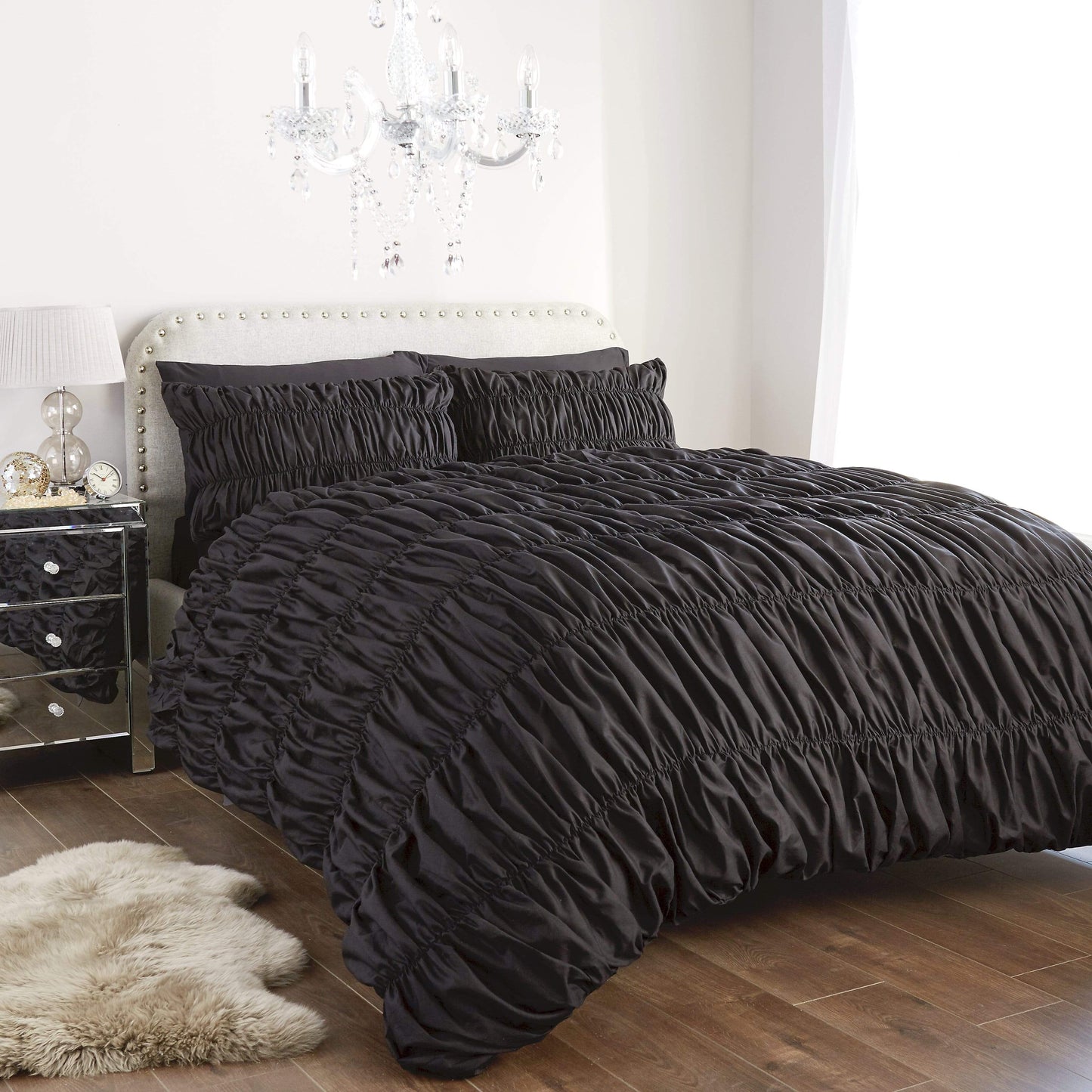 OLIVIA ROCCO Duvet Cover SINGLE / BLACK Ruched Duvet Set Wholesale Manchester UK