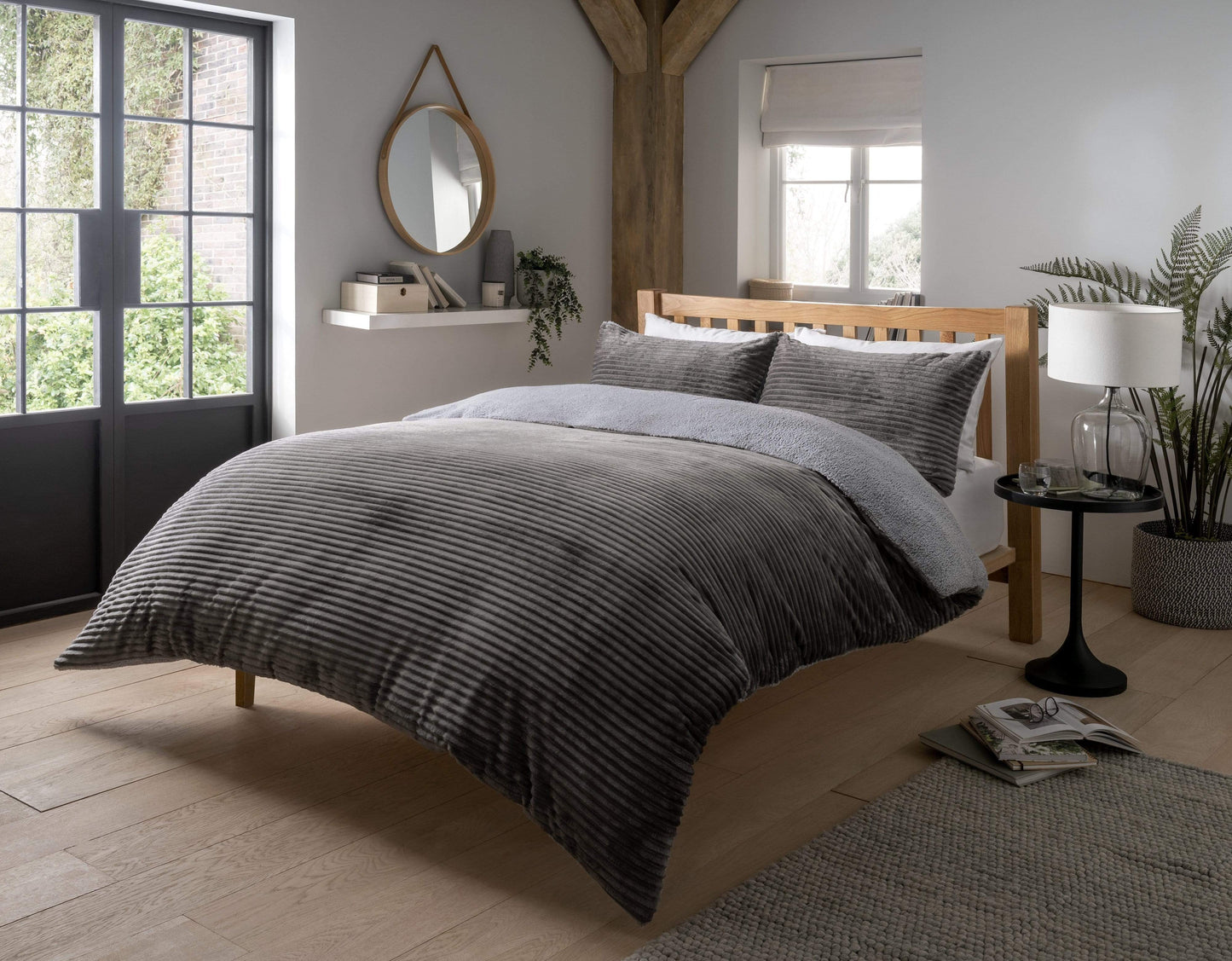 OLIVIA ROCCO Duvet Cover SINGLE / CHARCOAL Ribbed Fleece With Reversible Teddy Duvet Set Wholesale Manchester UK
