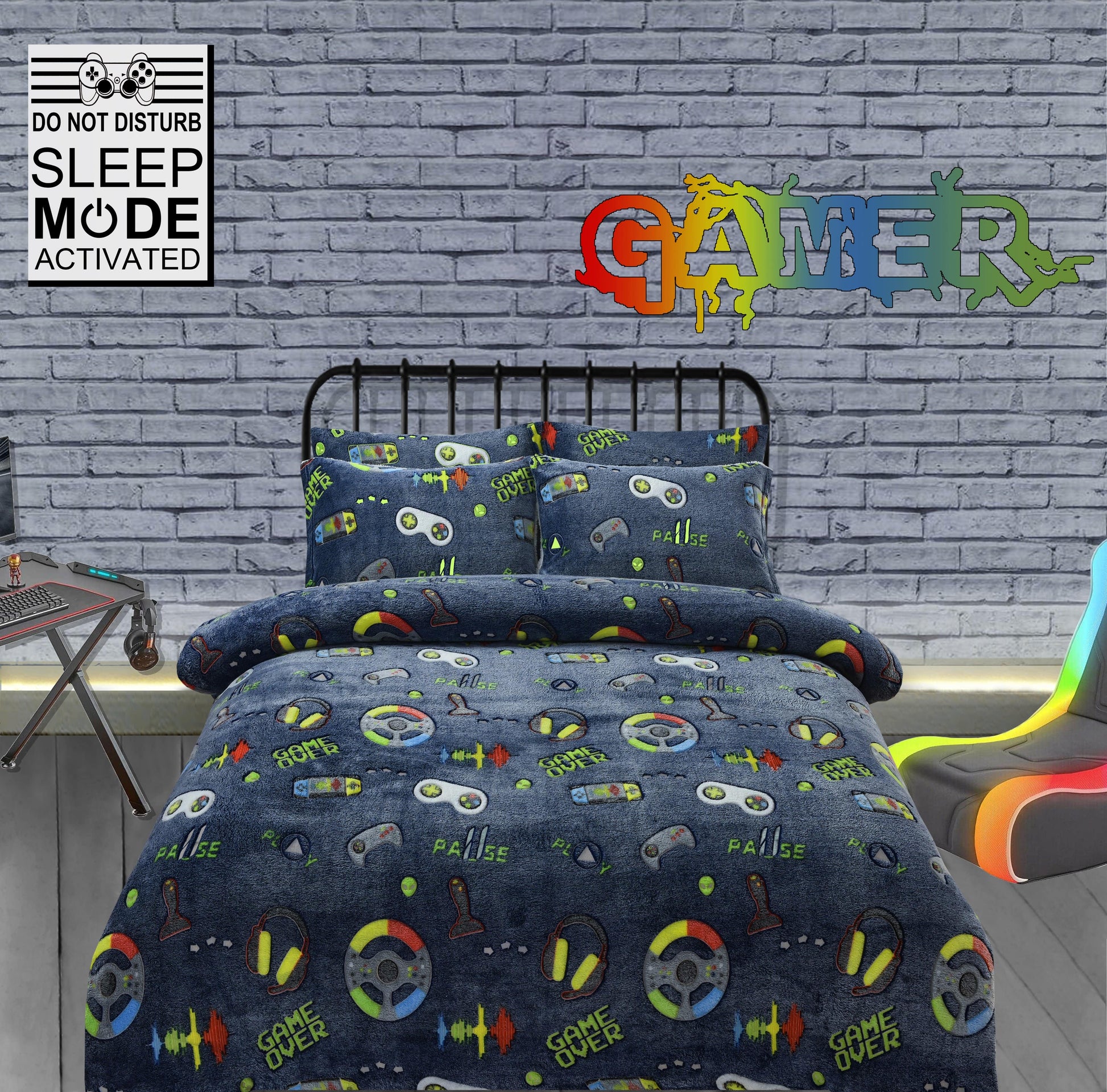 OLIVIA ROCCO Duvet Cover SINGLE Gamer Station Glow In The Dark Teddy Duvet Set Wholesale Manchester UK
