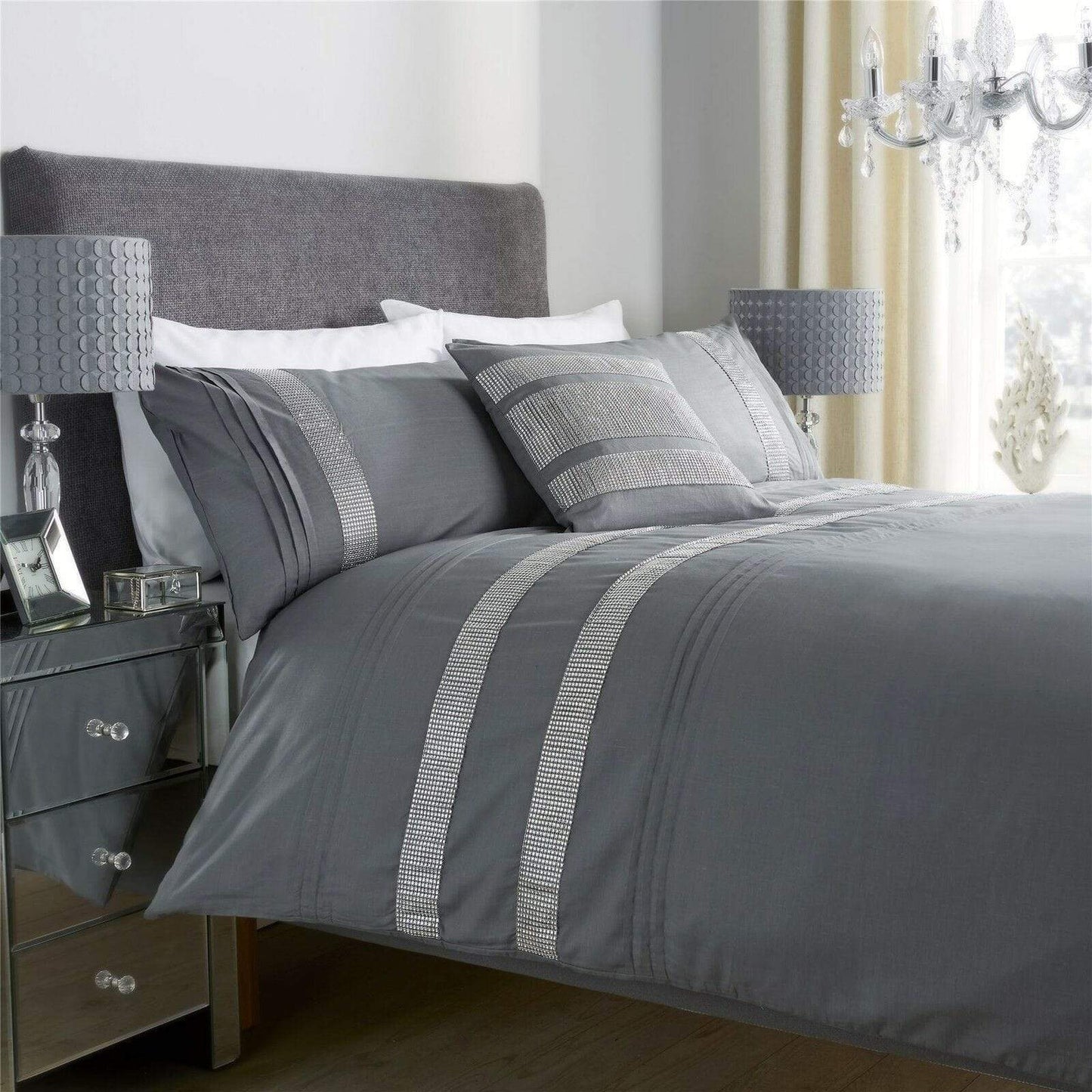 OLIVIA ROCCO Duvet Cover SINGLE / GREY Diamante Glitz Duvet Set Wholesale Manchester UK