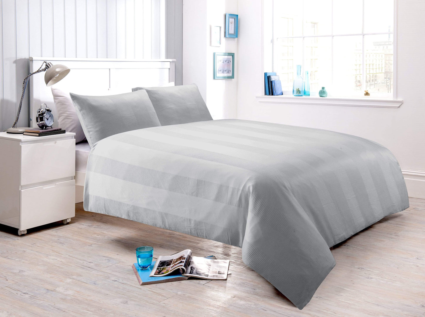 OLIVIA ROCCO Duvet Cover SINGLE / GREY Waffle Stripe Duvet Set Wholesale Manchester UK