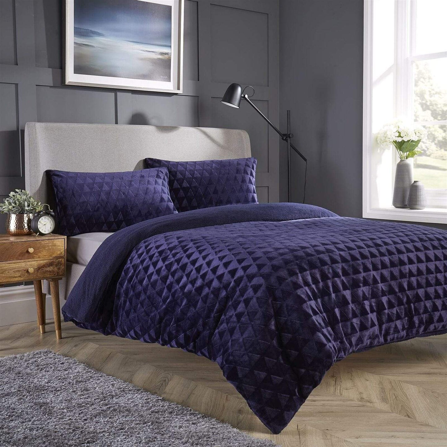 OLIVIA ROCCO Duvet Cover SINGLE / NAVY Geometric Reversible Teddy Duvet Set Wholesale Manchester UK