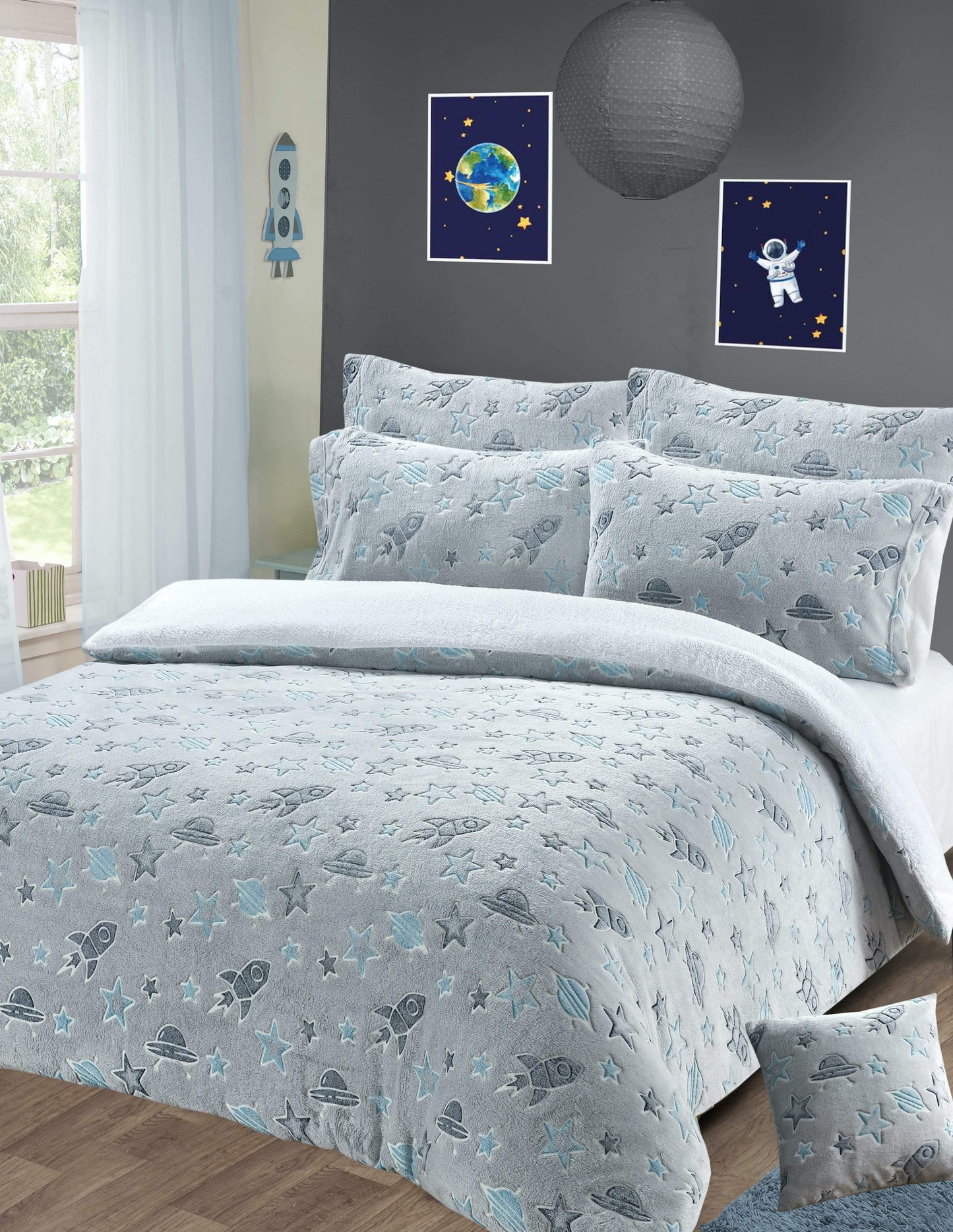 OLIVIA ROCCO Duvet Cover SINGLE Outer Space Glow In The Dark Teddy Duvet Set Wholesale Manchester UK