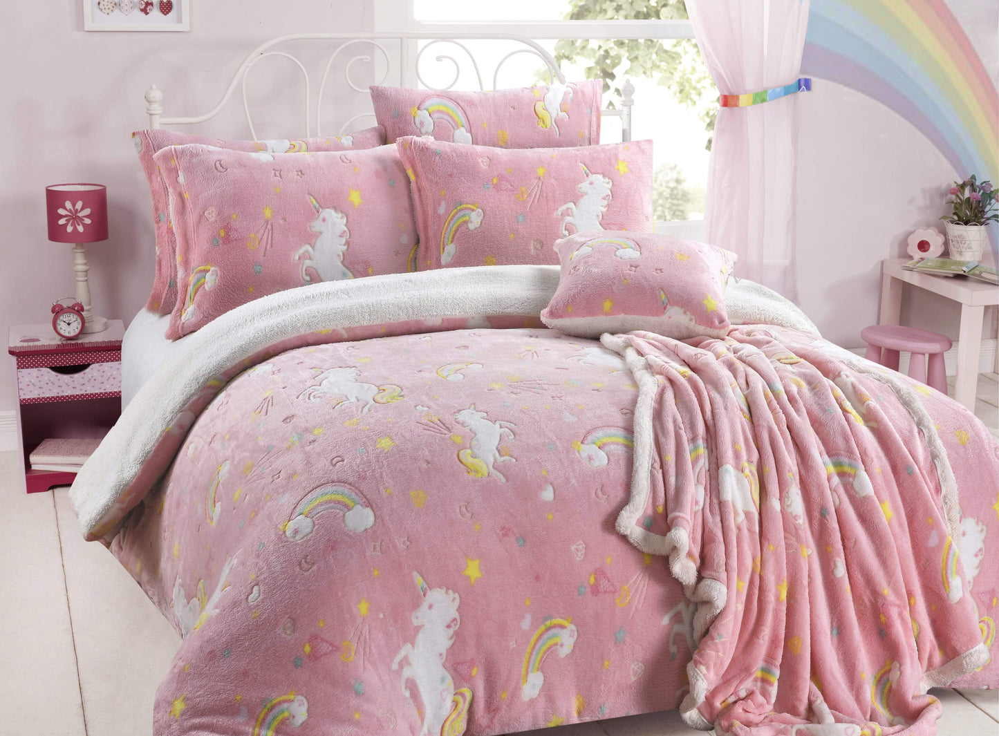 OLIVIA ROCCO Duvet Cover SINGLE Rainbow Unicorn Glow In The Dark Teddy Duvet Set Wholesale Manchester UK