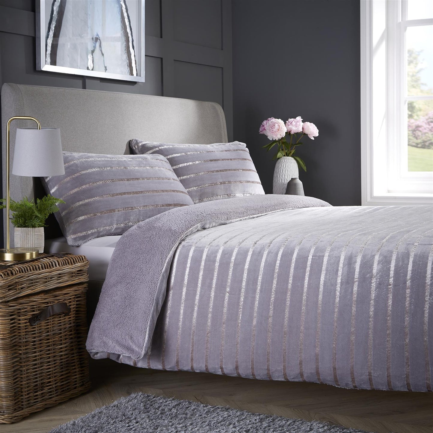OLIVIA ROCCO Duvet Cover SINGLE / SILVER Stripe Reversible Teddy Duvet Set Wholesale Manchester UK