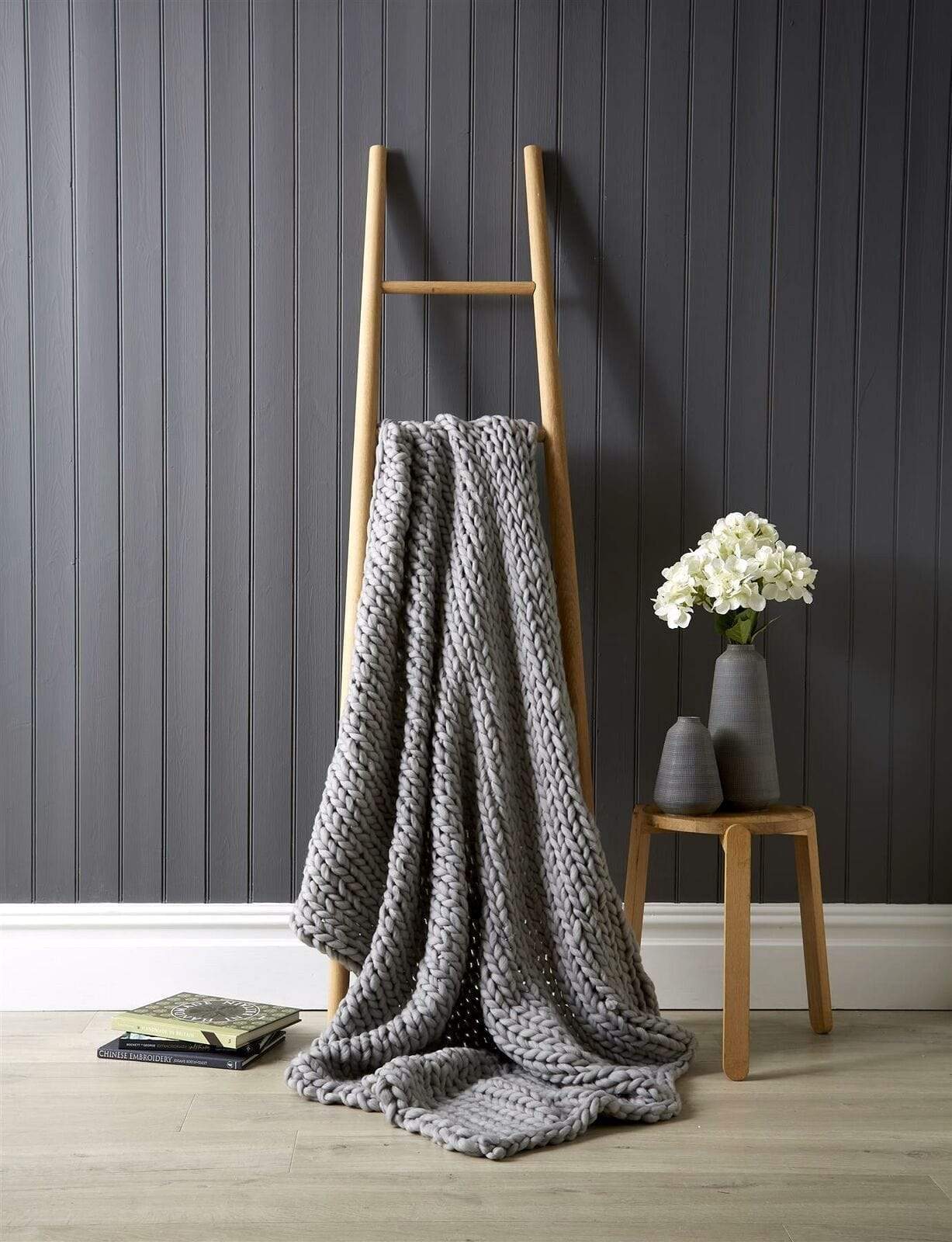 OLIVIA ROCCO Throw 120 x 150 cm / GREY Handmade Chunky Cable Knit Throw Wholesale Manchester UK